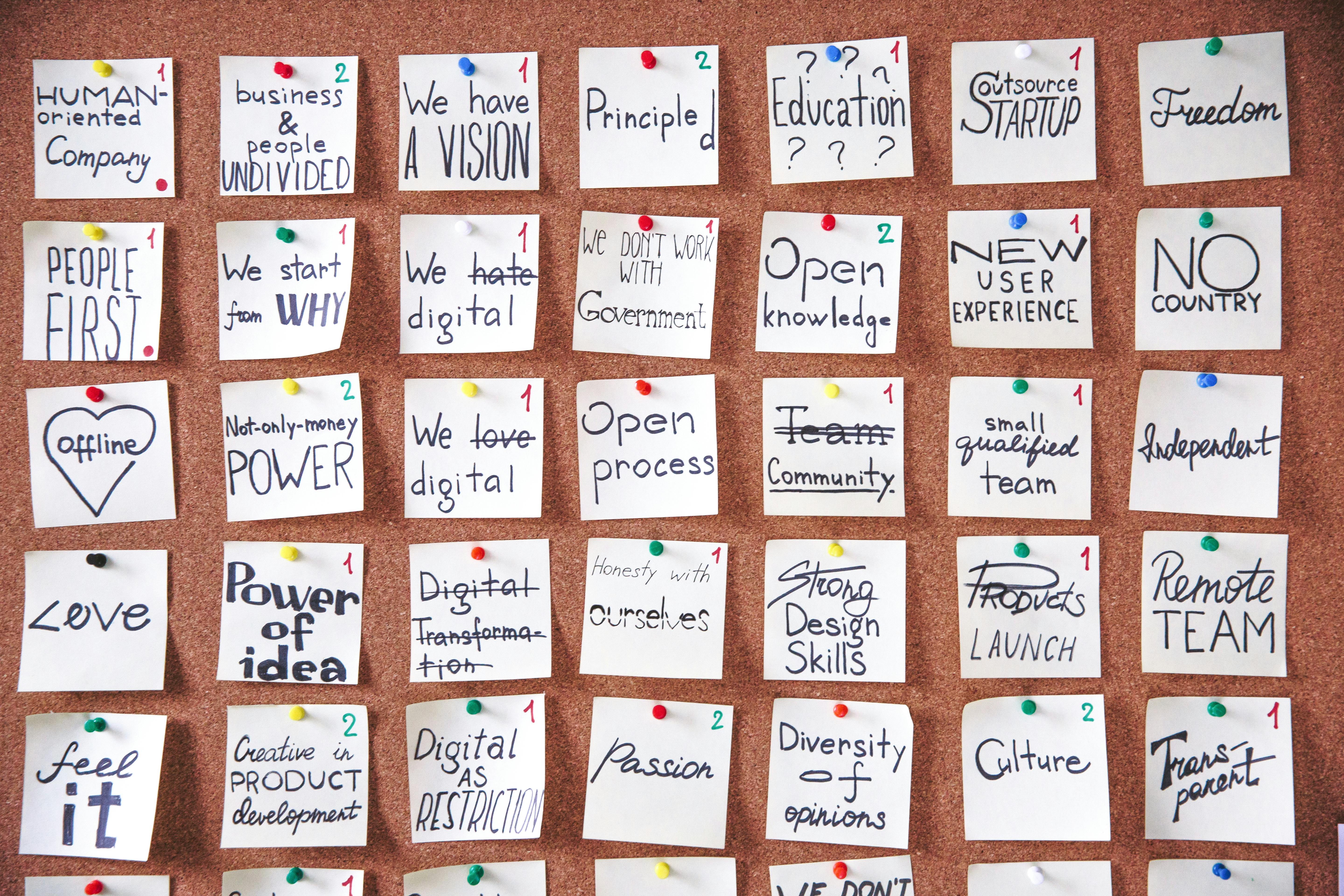 Corkboard with sticky notes representing motivation themes and participant segmentation