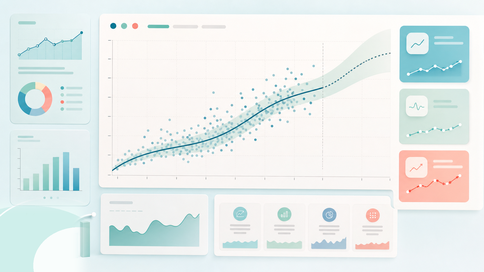 Pastel regression analytics dashboard with prediction curve and scatter points