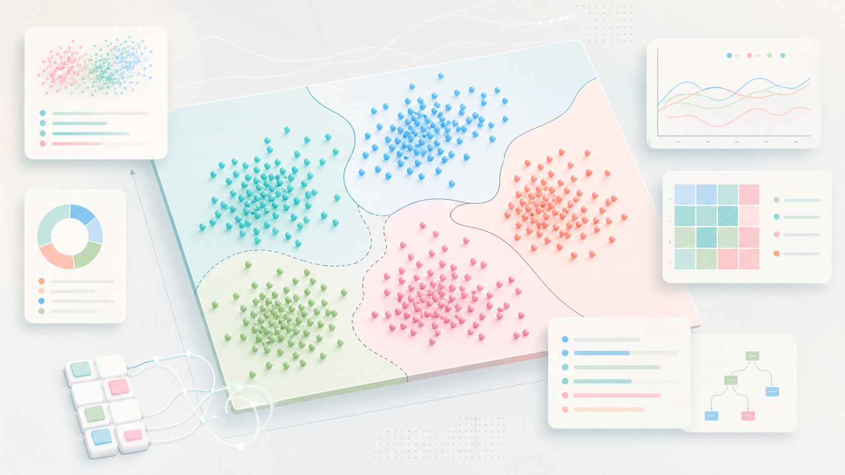 Pastel unsupervised learning visualization with clusters and segmentation regions